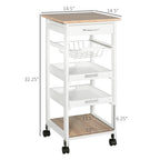 HOMCOM Mobile Kitchen Cart, Rolling Kitchen Island with Storage, Solid Wood Frame Utility Cart with Wire Fruit Baskets, Trays and Drawer, White - Grand Goldman Shop