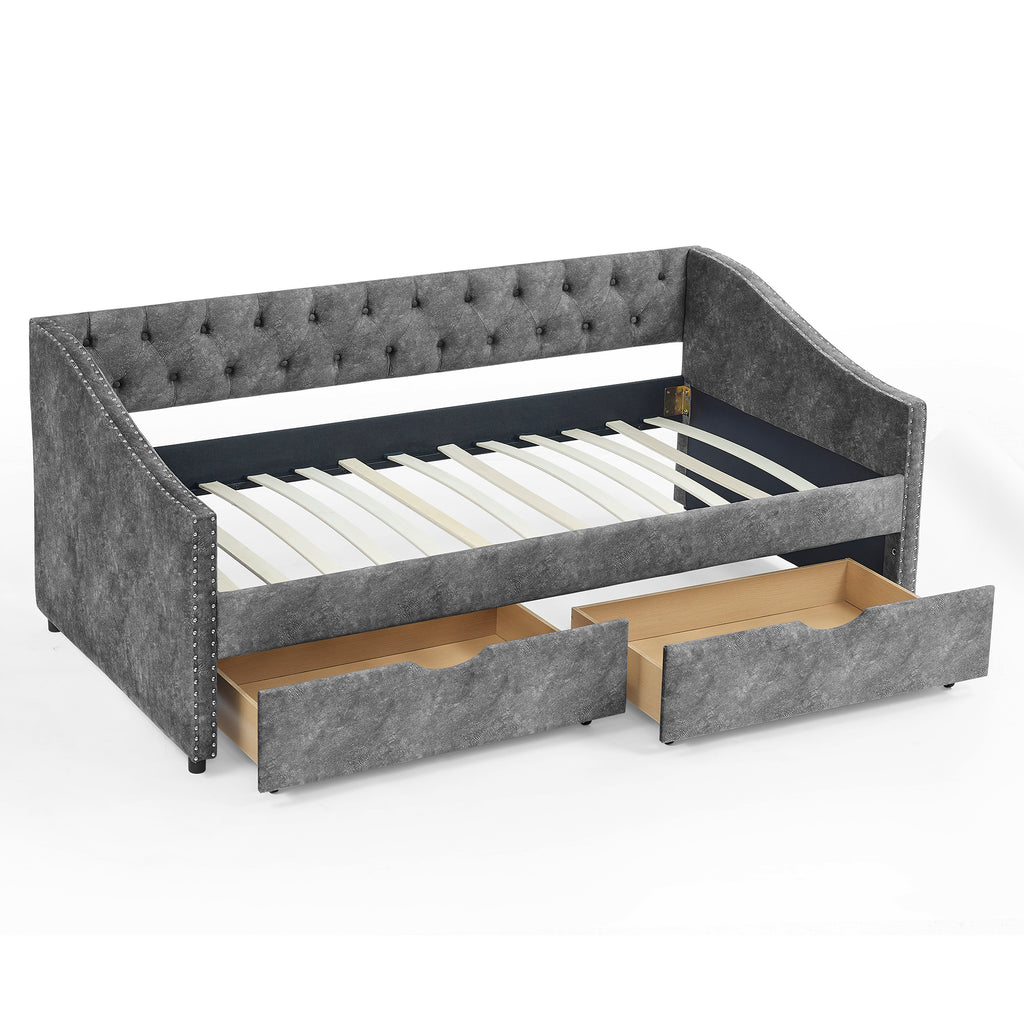 Grey Upholstered Tufted Twin Size Daybed with Drawers and Copper Nailhead Trim, Eucalyptus Wood Frame, 81.5''x4''x30.5'' - Grand Goldman Shop