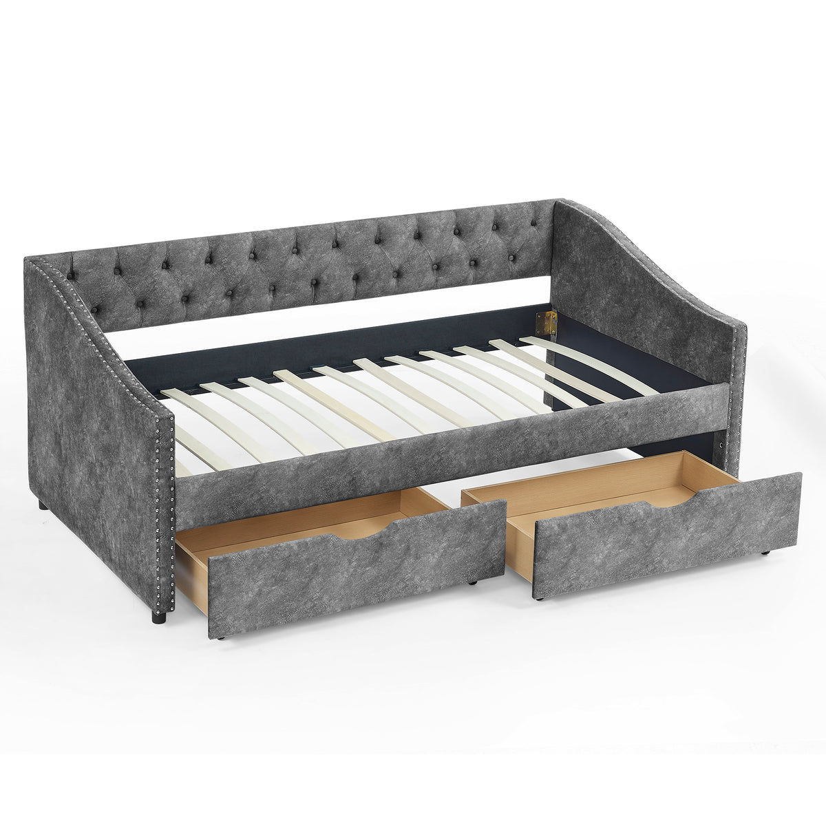 Grey Upholstered Tufted Twin Size Daybed with Drawers and Copper Nailhead Trim, Eucalyptus Wood Frame, 81.5''x4''x30.5'' - Grand Goldman Shop