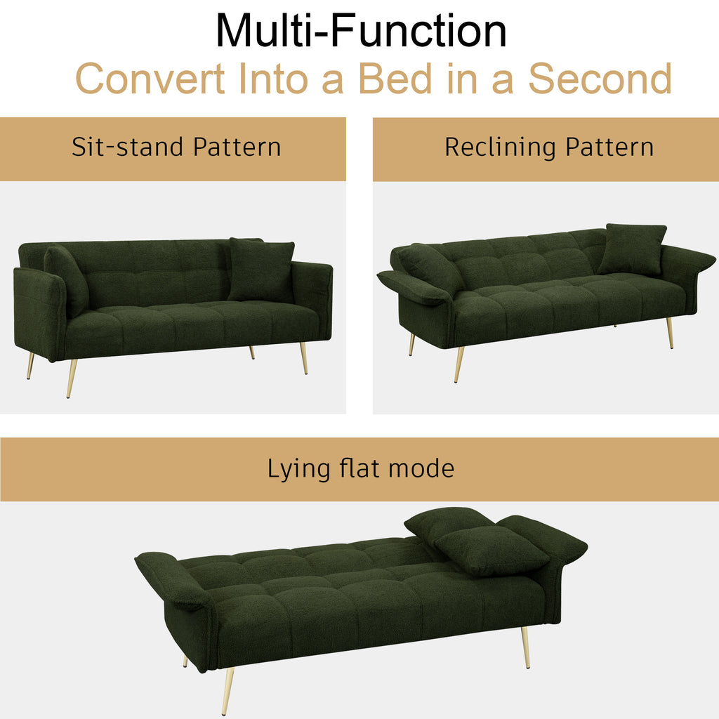 Green Teddy Velvet Futon Sofa Bed with Folding Armrests, Convertible Double Sofa Bed for Small Living Rooms and Studios - Grand Goldman Shop
