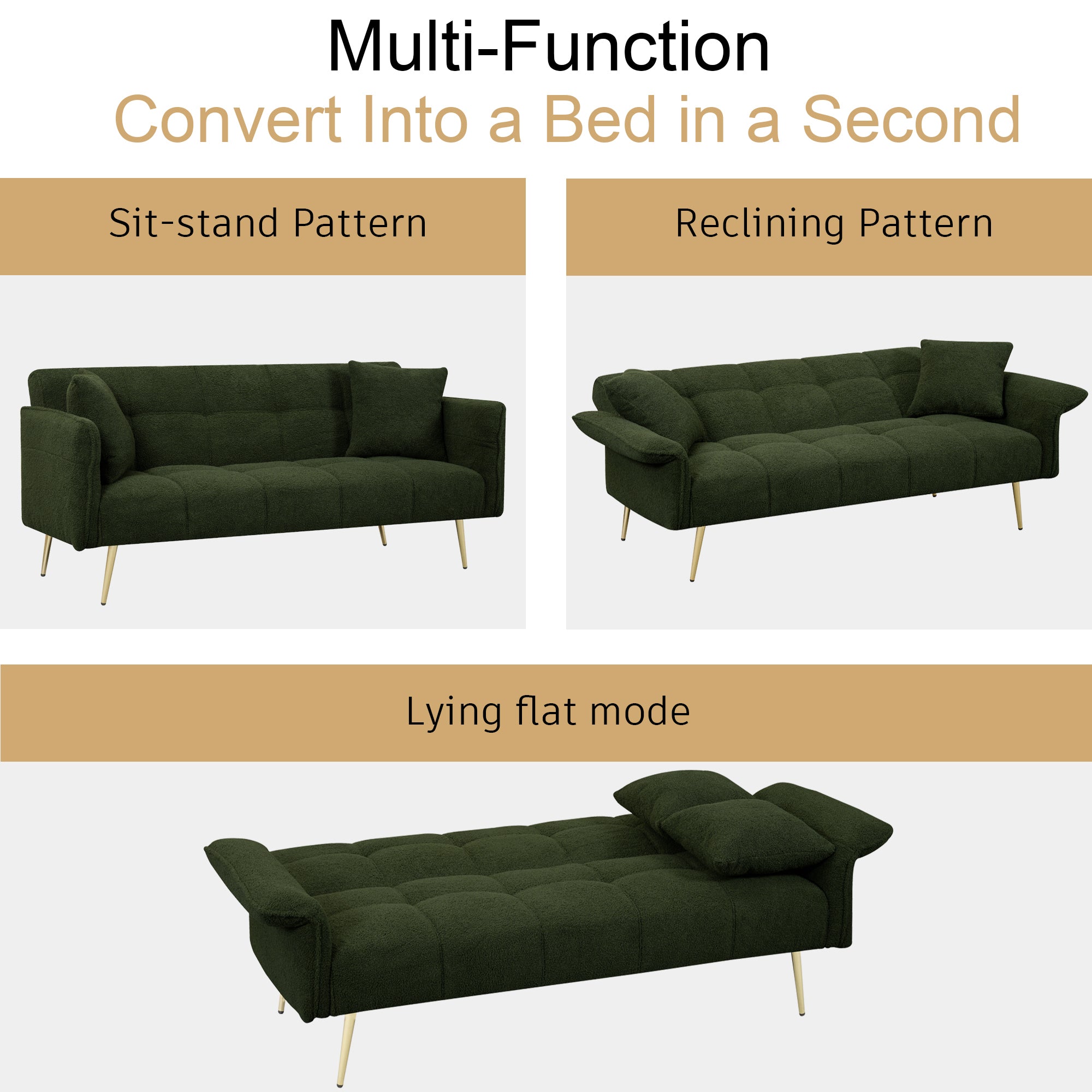 Green Teddy Velvet Futon Sofa Bed with Folding Armrests, Convertible Double Sofa Bed for Small Living Rooms and Studios - Grand Goldman Shop