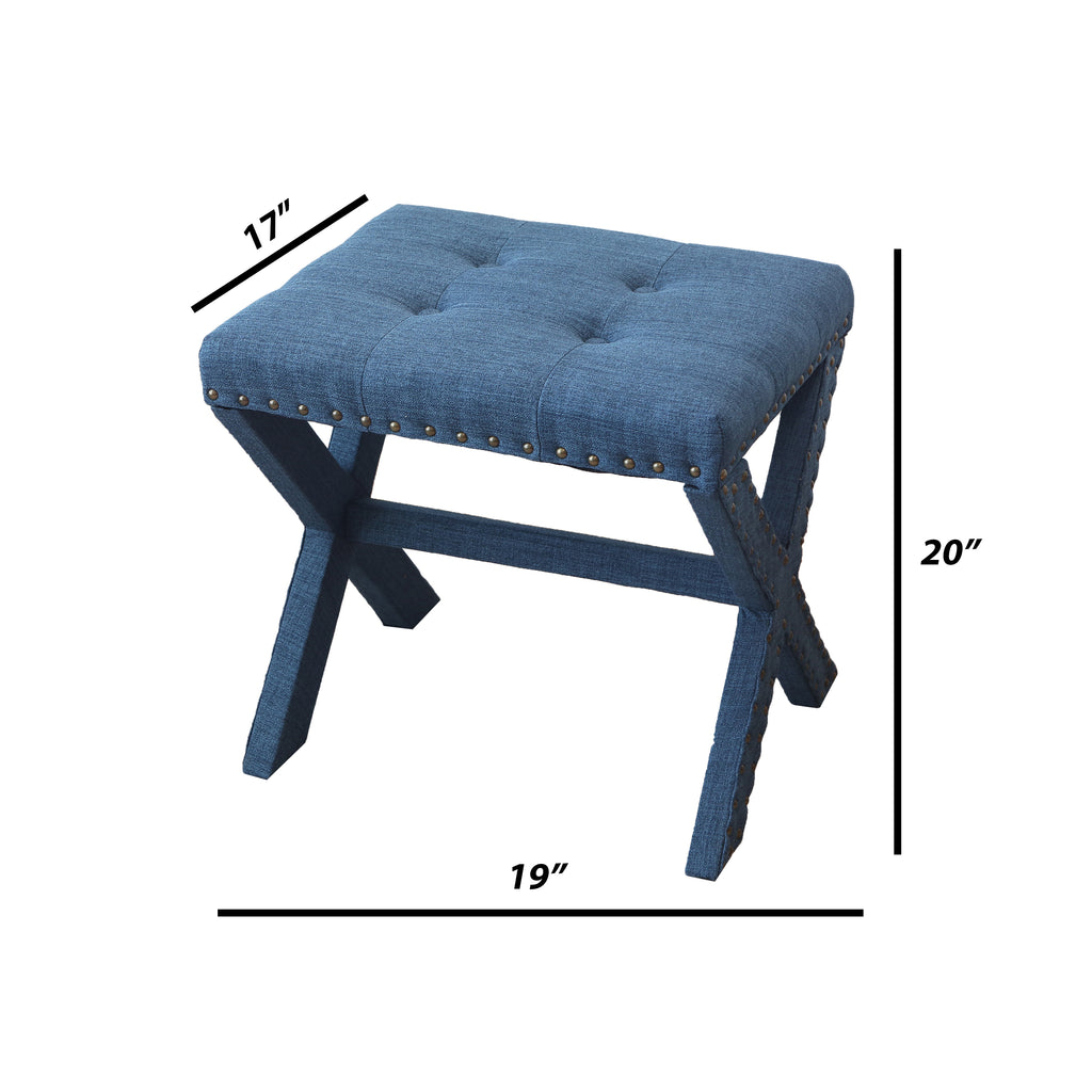 Accent Stool, Tufted Linen Upholstered Chair, X-Base Wood Seat with Nailhead Trim, 17'D x 19'W x 17'H, 300 lbs Capacity - Grand Goldman Shop