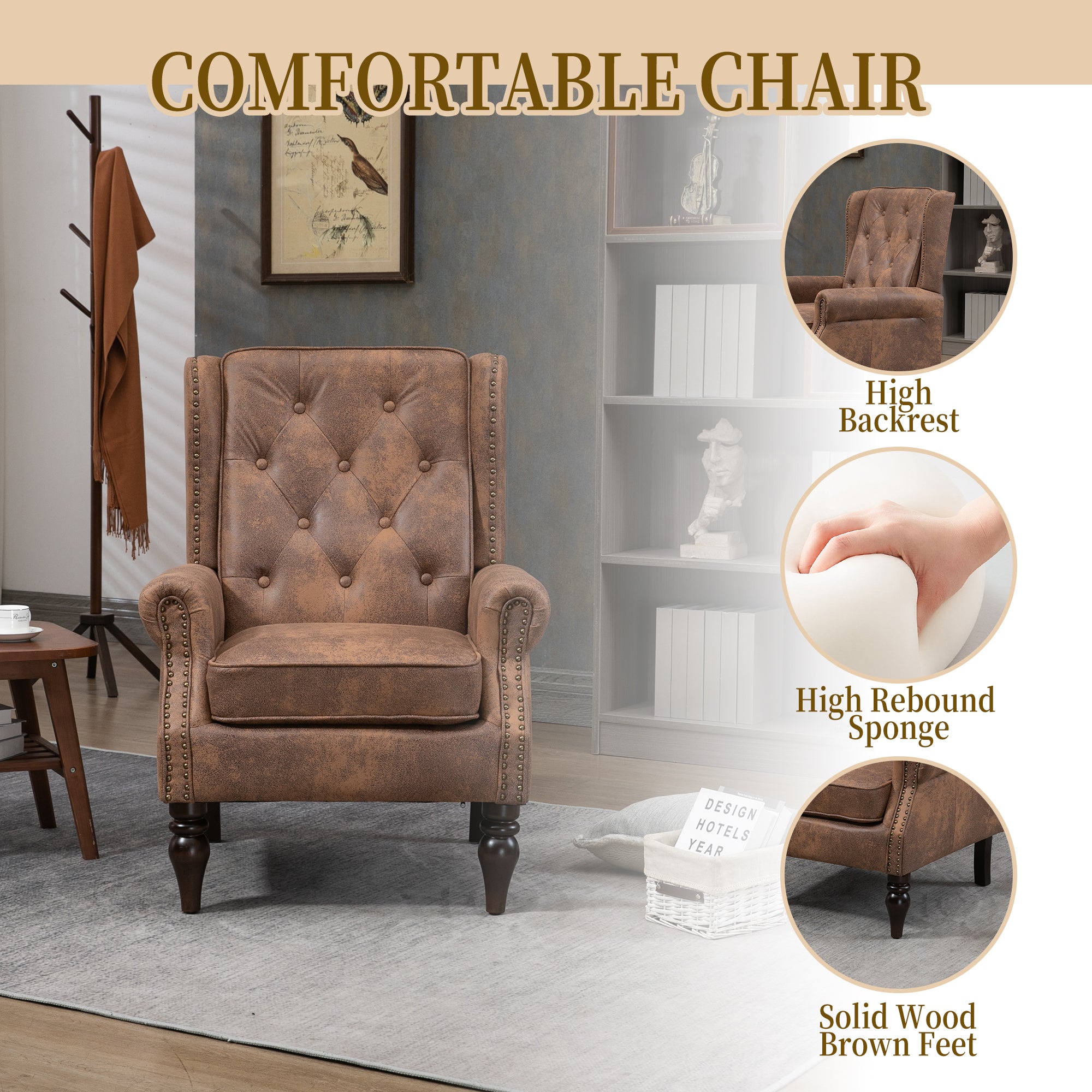 Modern Coffee Wood Frame Armchair with Sturdy Wood Legs and Microsuede Upholstery for Living Room - Grand Goldman Shop
