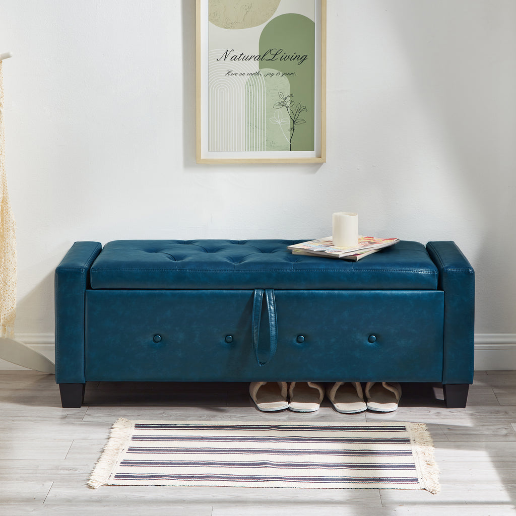 48' Ottoman Bench with Storage, Bench for Bedroom,Living Room,Hallway, Upholstered Tufted Faux Leather PU Ottoman Blue - Grand Goldman Shop