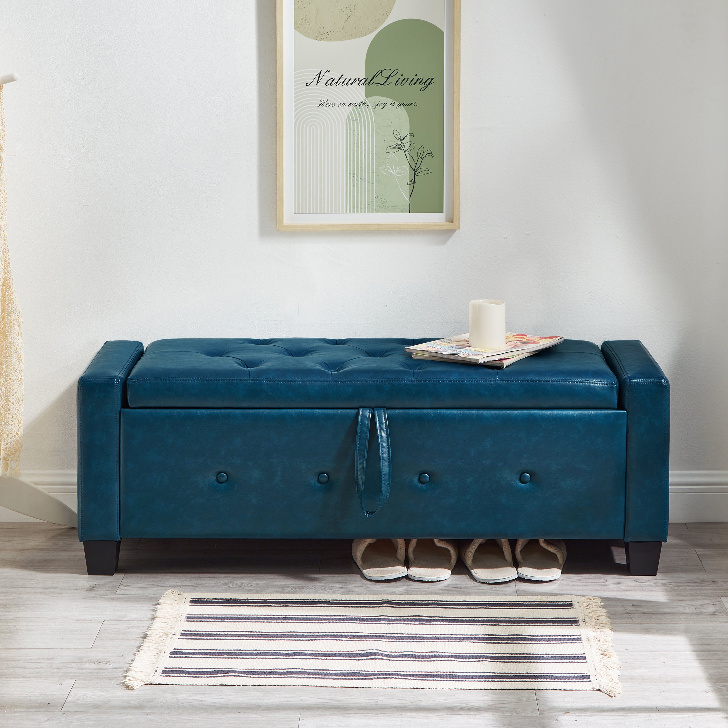 48' Ottoman Bench with Storage, Bench for Bedroom,Living Room,Hallway, Upholstered Tufted Faux Leather PU Ottoman Blue - Grand Goldman Shop