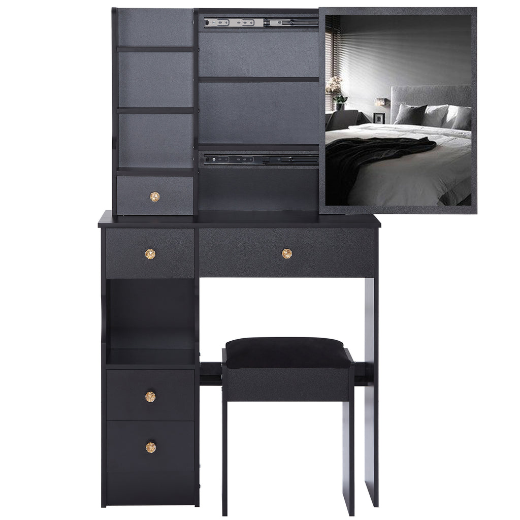 29.2' Small Space Left Drawer Desktop Vanity Table + Cushioned Stool, Extra Large Right sliding mirror, Multi Layer High Capacity Storage, Practical Fashionable Dresser, Suitable For Small Space - Grand Goldman Shop