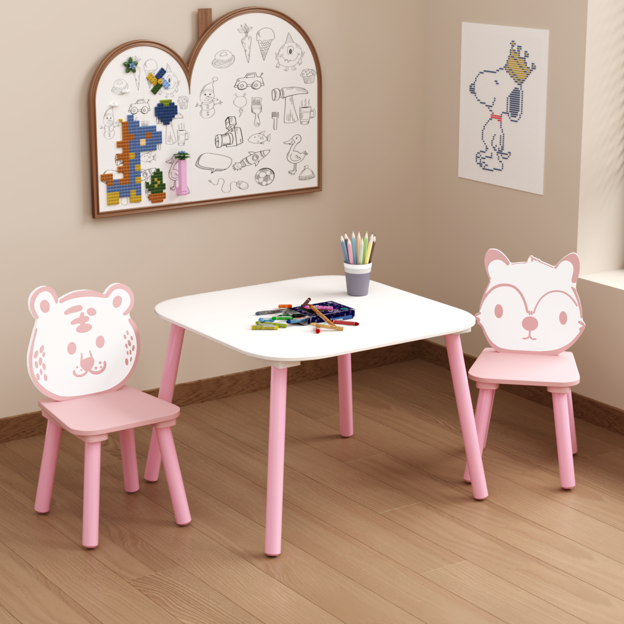Kids Table and Chair Set, 3-Piece Wooden Toddler Desk with Animal Backrest, Activity Table for Drawing, Learning,Playroom or 