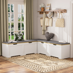 3-Piece L-Shaped Multi-Functional Storage Bench with Cushion, serving as a kitchen corner bench, toy storage box, or reading nook seat., White and Natural, 63'D x 63'W x 19.1'H - Grand Goldman Shop