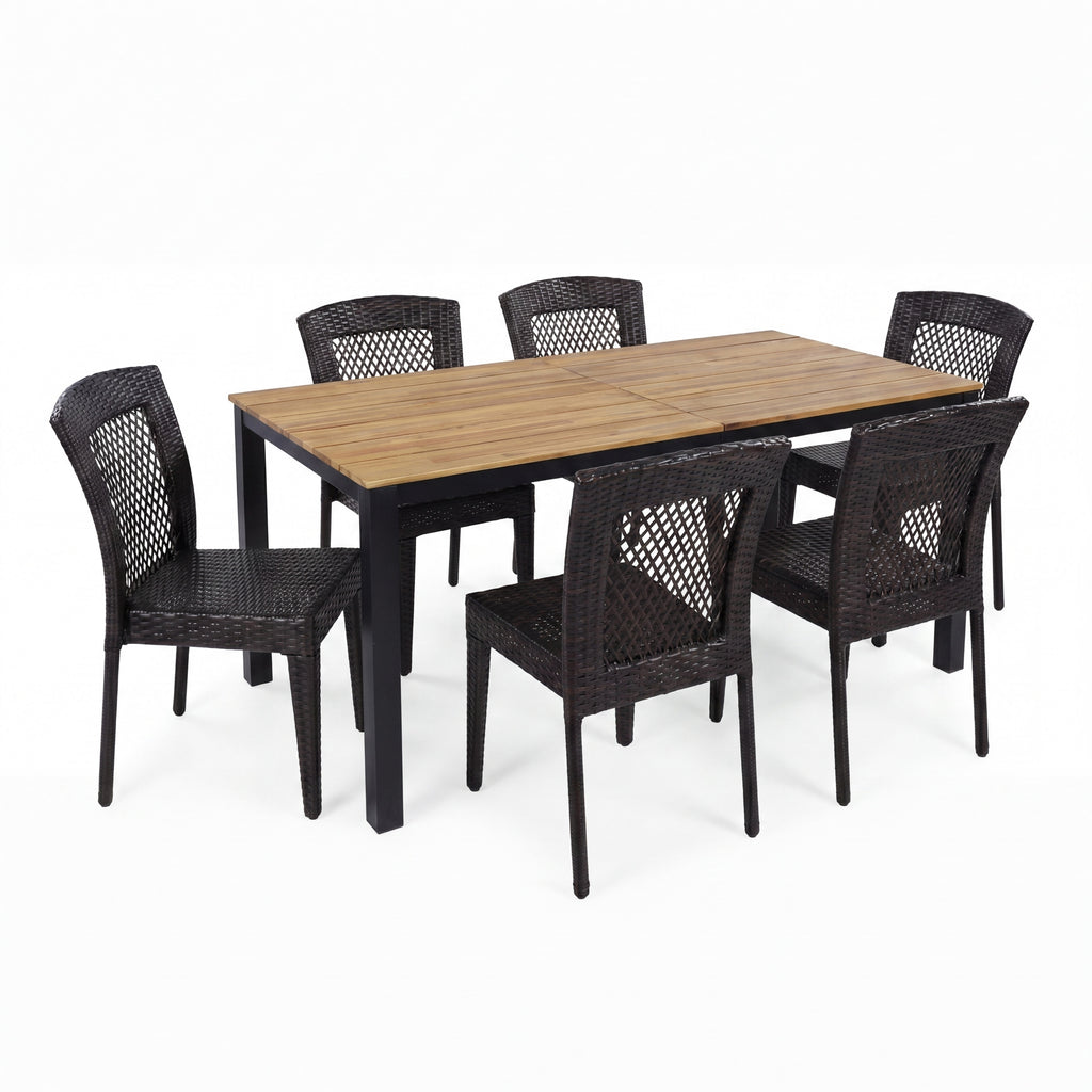 7-Piece Outdoor Dining Set with Acacia Wood Table and 6 Multi-Brown PE Rattan Chairs, Brown Multi Finish, Acacia Wood and Iron Frame