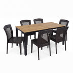 7-Piece Outdoor Dining Set with Acacia Wood Table and 6 Multi-Brown PE Rattan Chairs, Brown Multi Finish, Acacia Wood and Iron Frame
