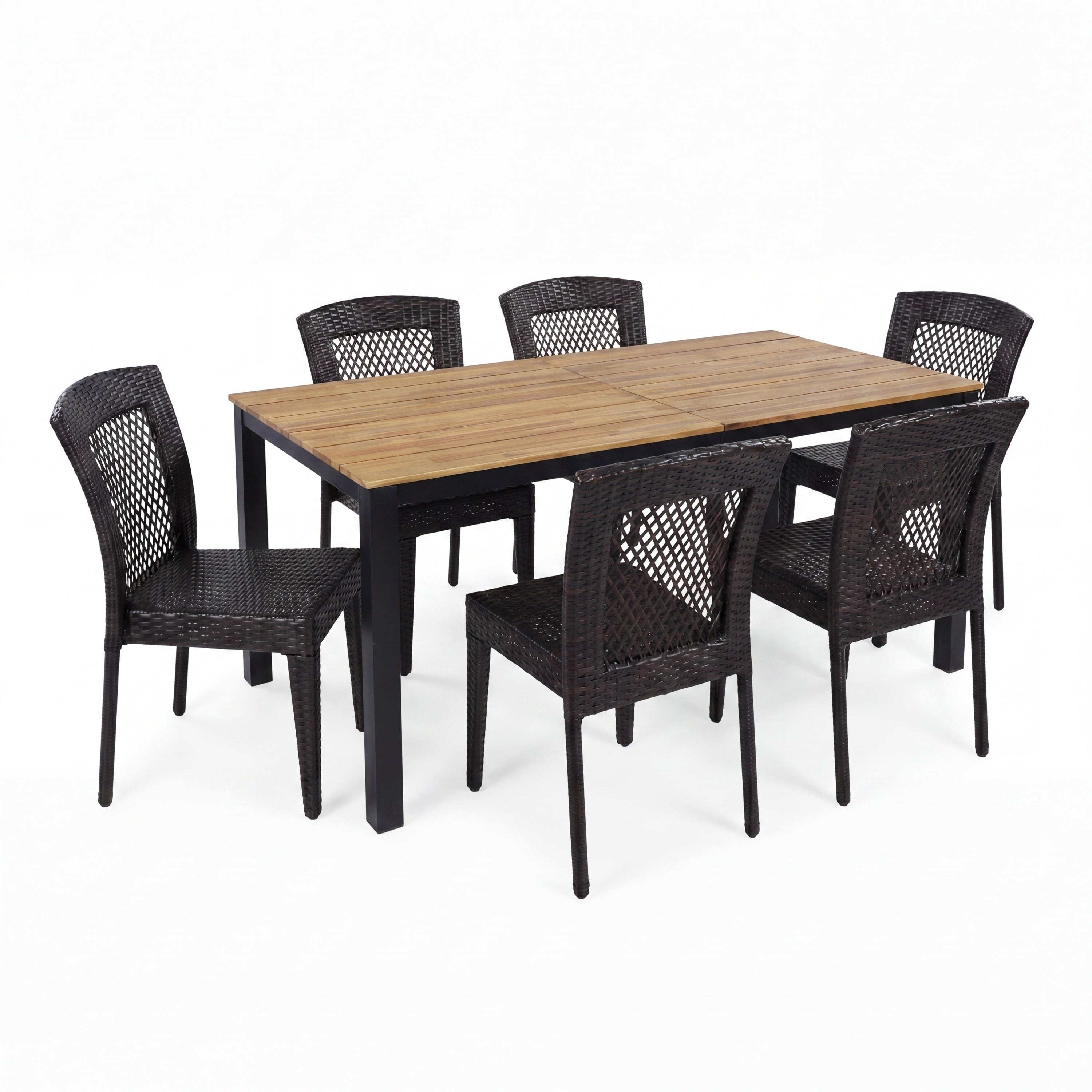 7-Piece Outdoor Dining Set with Acacia Wood Table and 6 Multi-Brown PE Rattan Chairs, Brown Multi Finish, Acacia Wood and Iron Frame