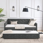 Mid-Century Grey Upholstered Twin Daybed with Trundle, Waved Arms, Eucalyptus Wood Frame, 80.5''x44.5''x33.5'' - Grand Goldman Shop