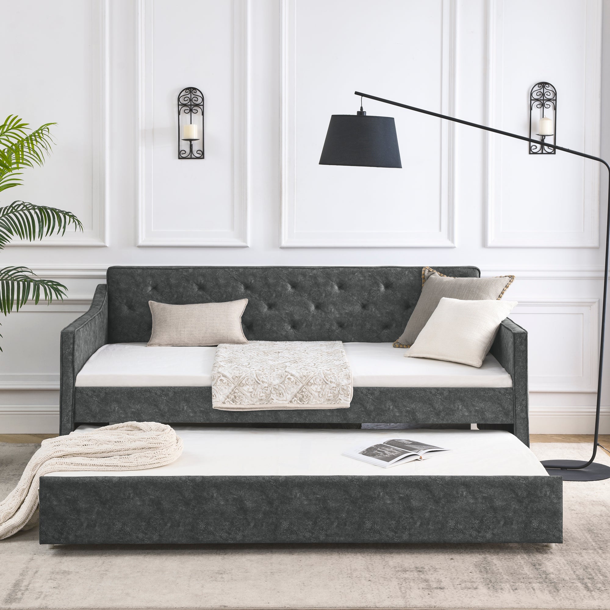 Mid-Century Grey Upholstered Twin Daybed with Trundle, Waved Arms, Eucalyptus Wood Frame, 80.5''x44.5''x33.5'' - Grand Goldman Shop