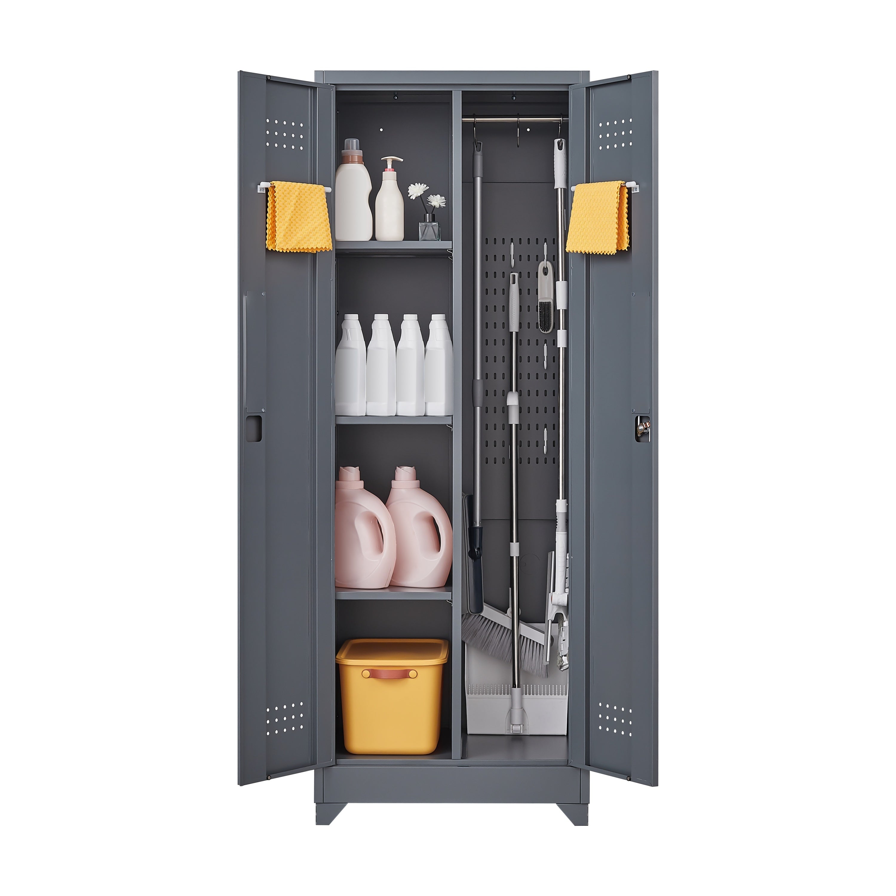 Grey Heavy Duty Metal Storage Cabinet with Locking Doors, Hanging Rod & Shelves, 65' H Broom Closet for Garage or Basement | 