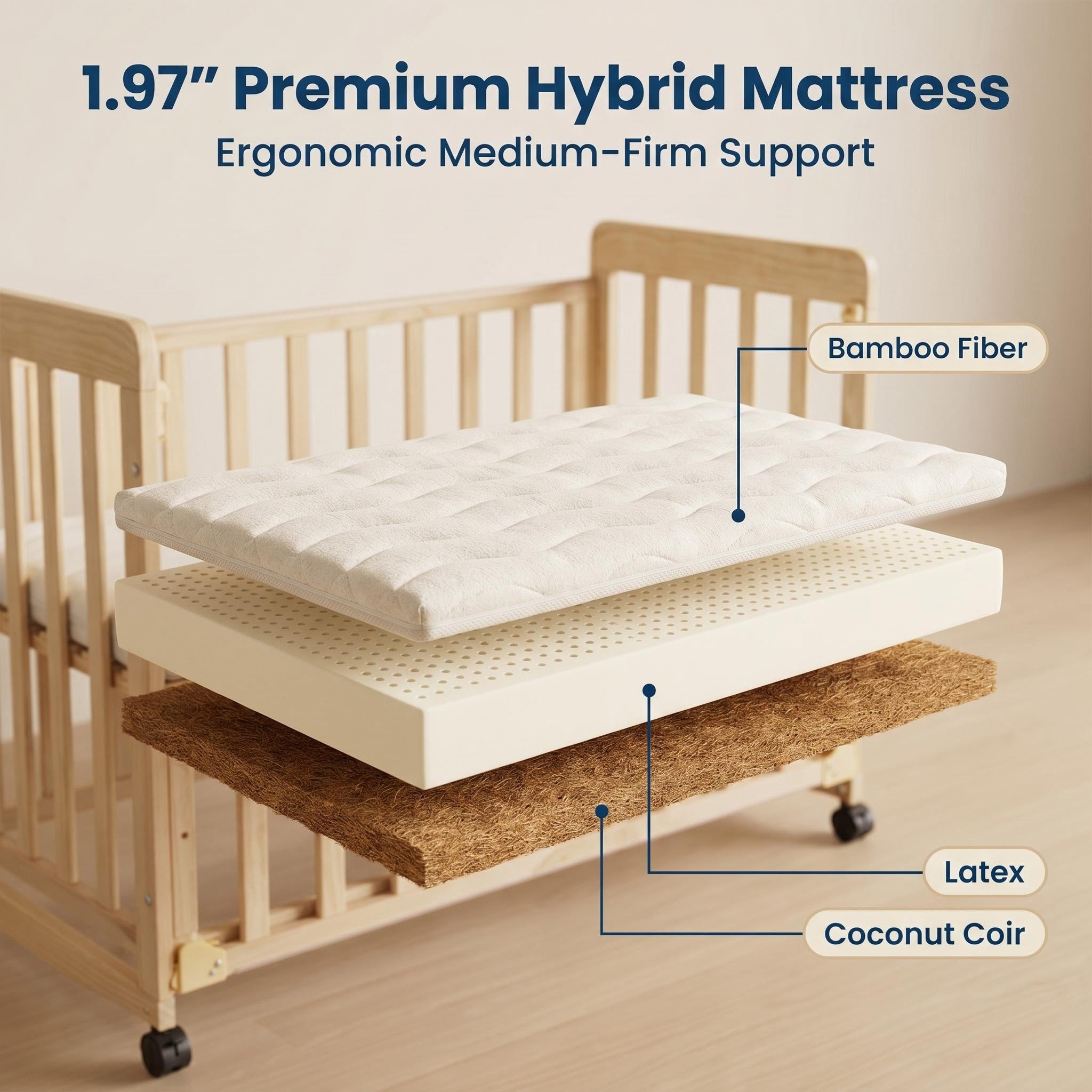 Portable Pine Wood Bedside Bassinet with 3 Adjustable Heights, Natural Wood Mini Crib for Newborns 0-36 Months, Compact Desig
