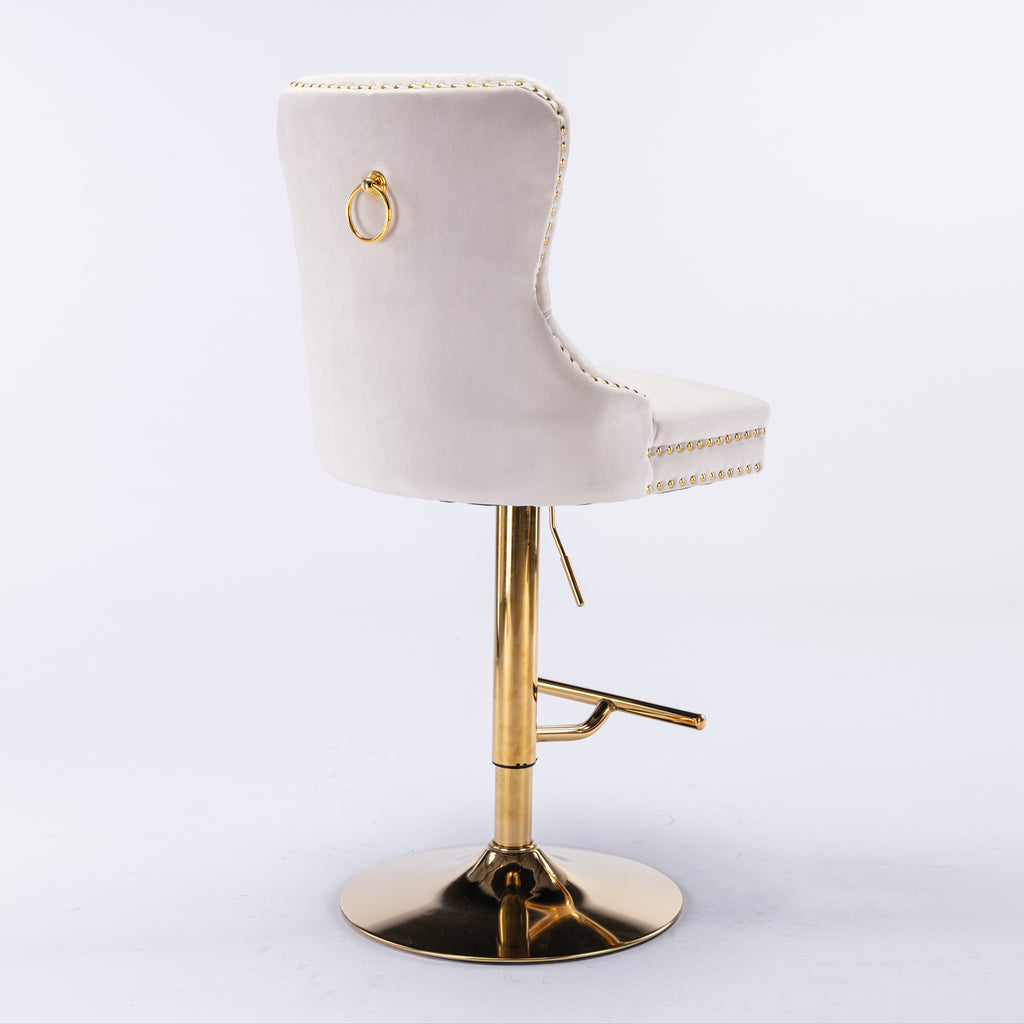 A&A Furniture,Thick Golden Swivel Velvet Barstools Adjusatble Seat Height from 27-35 Inch, Modern Upholstered Bar Stools with Backs Comfortable Tufted for Home Pub and Kitchen Island (Beige,Set of 2) - Grand Goldman Shop
