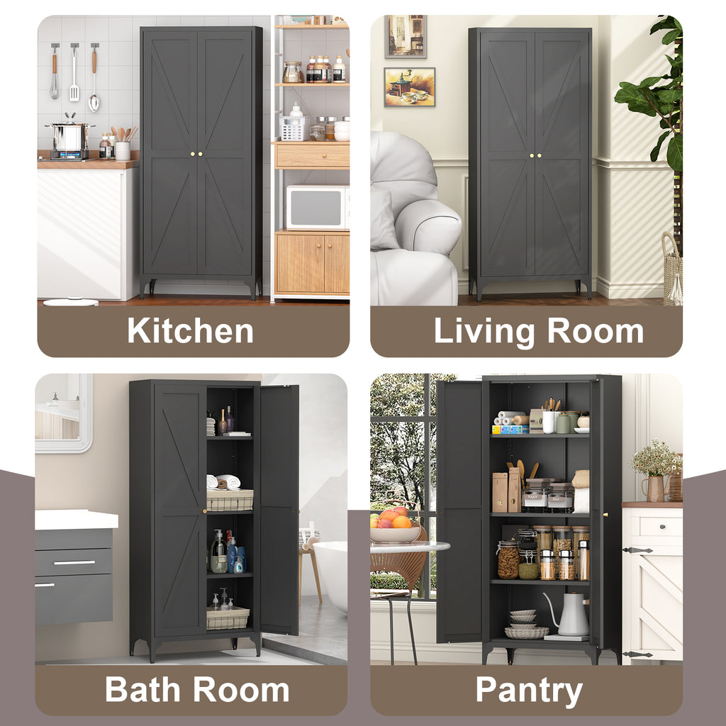 Black Metal Adjustable 2-Door Kitchen Pantry Cabinet with Striped Design and Gold Handles, Tall Steel Storage Locker for Kitc