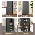 Black Metal Adjustable 2-Door Kitchen Pantry Cabinet with Striped Design and Gold Handles, Tall Steel Storage Locker for Kitc