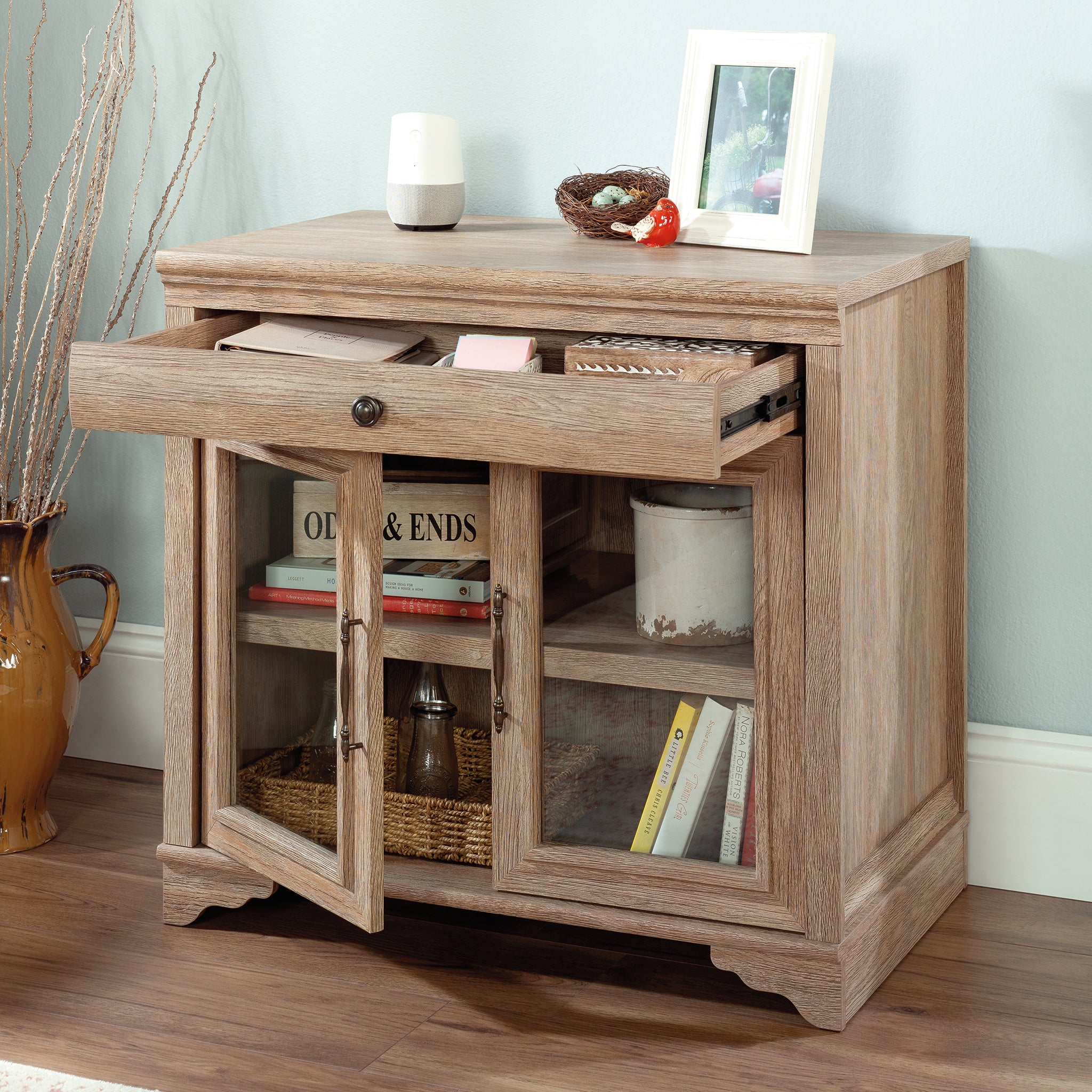 Library Base with 2 Glass Doors and Spacious Drawer, Brown finish - Grand Goldman