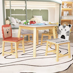 Kids Wood Table and Chair Set with Cartoon Animals Design, White Solid Wood & MDF Furniture for Ages 3-8, 5-Piece Table and C