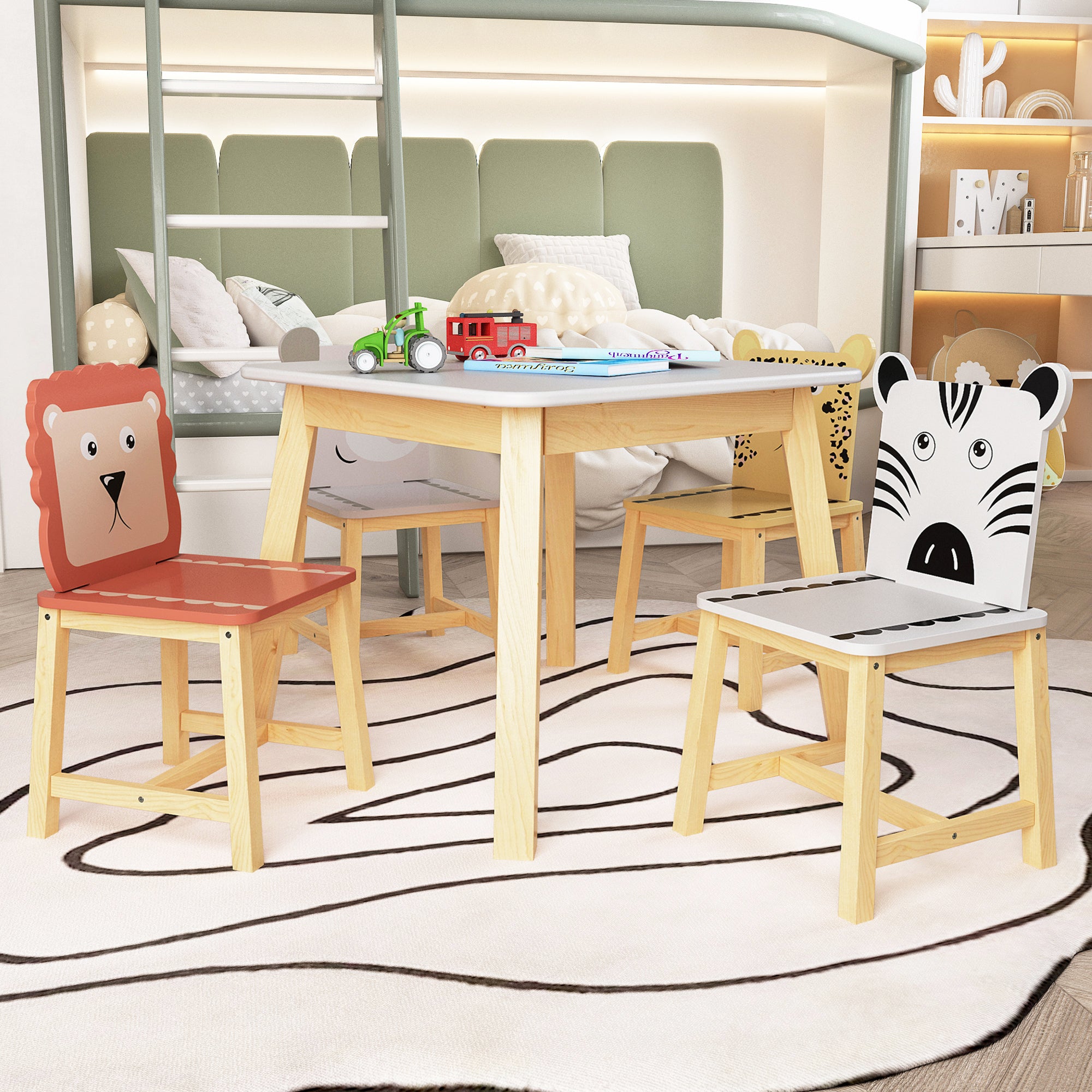 Kids Wood Table and Chair Set with Cartoon Animals Design, White Solid Wood & MDF Furniture for Ages 3-8, 5-Piece Table and C