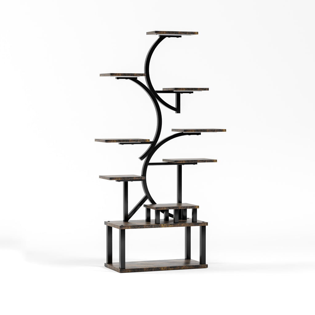 S-Shaped 10-Tier Plant Stand with 5 Grow Lights in Deep Rustic Brown, MDF and Steel, 68.5' Tall for Indoor Plants - Grand Goldman Shop