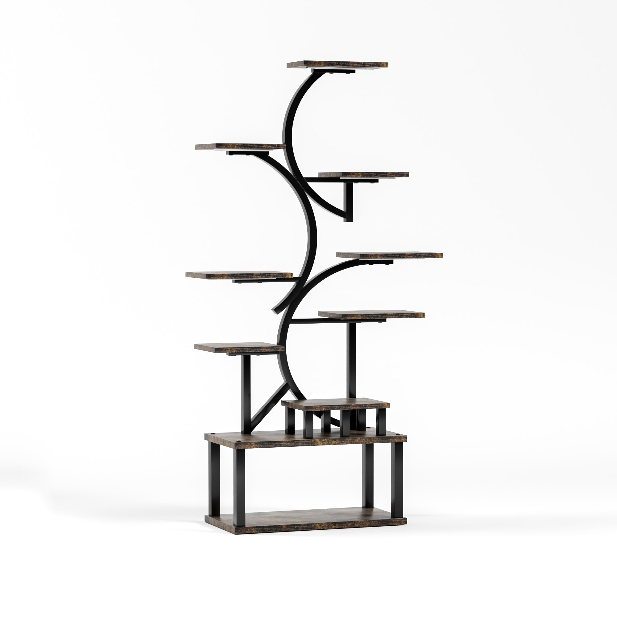 S-Shaped 10-Tier Plant Stand with 5 Grow Lights in Deep Rustic Brown, MDF and Steel, 68.5' Tall for Indoor Plants - Grand Goldman Shop