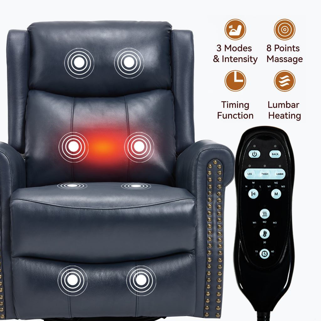 Heat Massage Manual Recliner Chair with Rocker and Swivel in Genuine leather for Living Room, Blue - Grand Goldman Shop