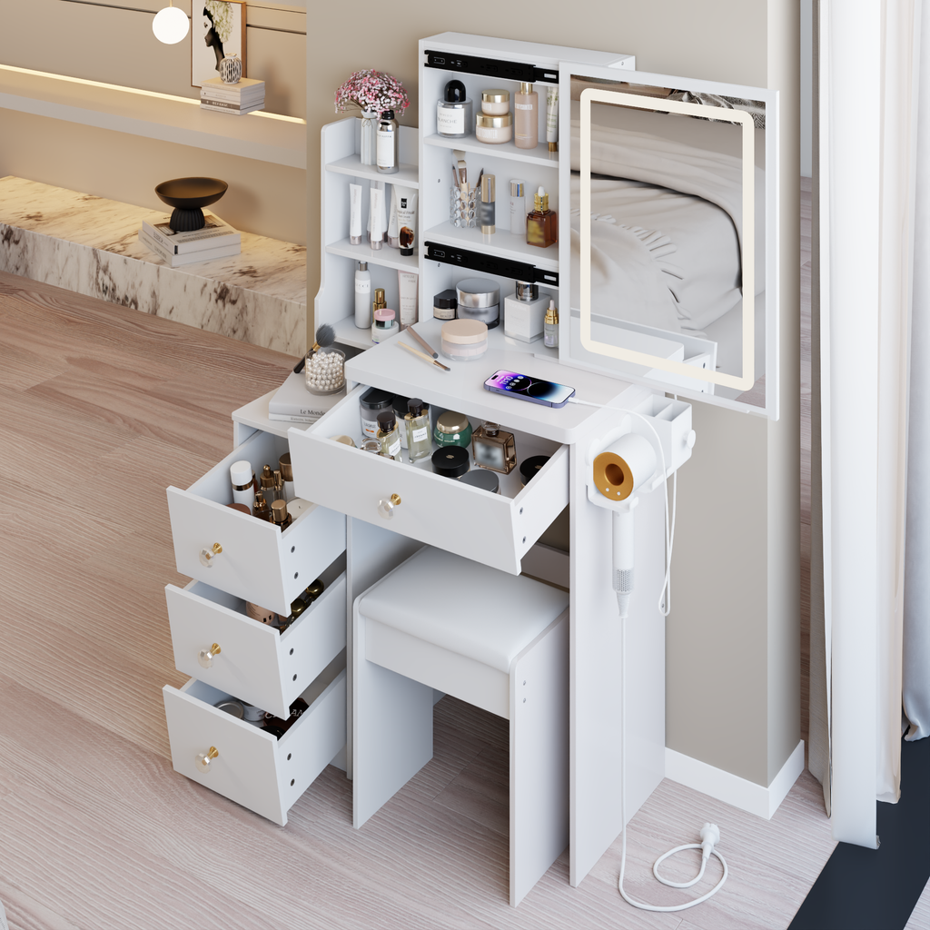 29.2' Small Size Bedside Cabinet Vanity Table + Cushioned Stool, 2 AC+2 USB Power Station, Hair dryer bracket, Extra Large Touch Control Sliding LED Mirror, 3-color Switching, EPA, GCC, UL Certificate - Grand Goldman Shop