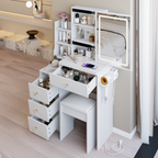 29.2' Small Size Left Bedside Cabinet Vanity Table + Cushioned Stool, 2 AC+2 USB Power Station, Hair dryer bracket, Extra Large Touch Control Sliding LED Mirror, Tri-color Switching, Brightness Adjust - Grand Goldman Shop