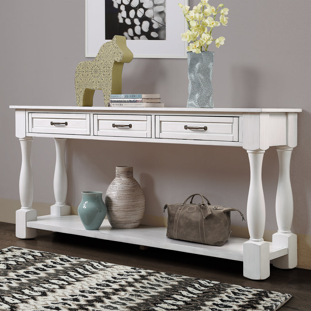 63inch Long Wood Console Table with 3 Drawers and 1 Bottom Shelf for Entryway Hallway Easy Assembly Extra-thick Sofa Table (Antique White) - Grand Goldman Shop