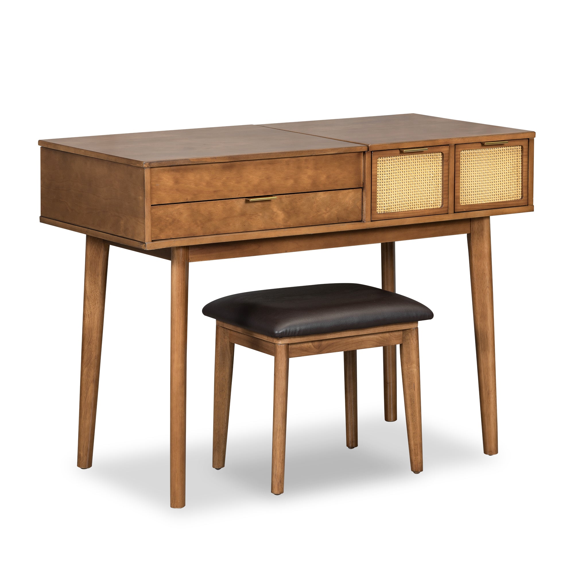 43.3' Classic Wood Makeup Vanity Set with Flip-top Mirror and Stool, Dressing Table with Three Drawers and storage space, Brown - Grand Goldman Shop