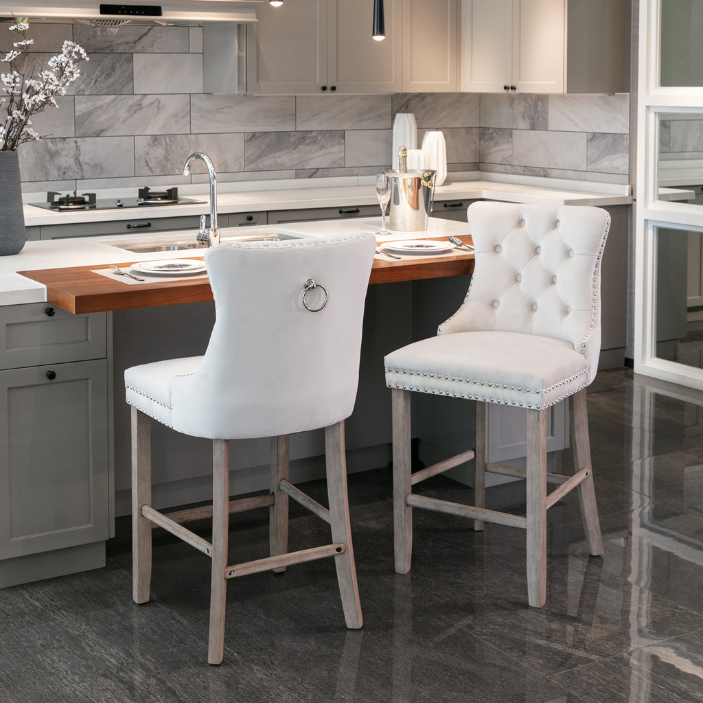 Contemporary Velvet Upholstered Barstools with Button Tufted Decoration and Wooden Legs, and Chrome Nailhead Trim, Leisure Style Bar Chairs,Bar stools, Set of 2 (Beige),SW2002BG - Grand Goldman Shop