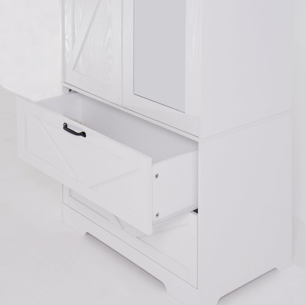 2 Door Wood Wardrobe for Bedroom with Hanging Clothing Rod inside the Cabinet and 2 Drawers for Storage Organization, Built-in induction light Multifunctional Closet with Mirror, White - Grand Goldman Shop
