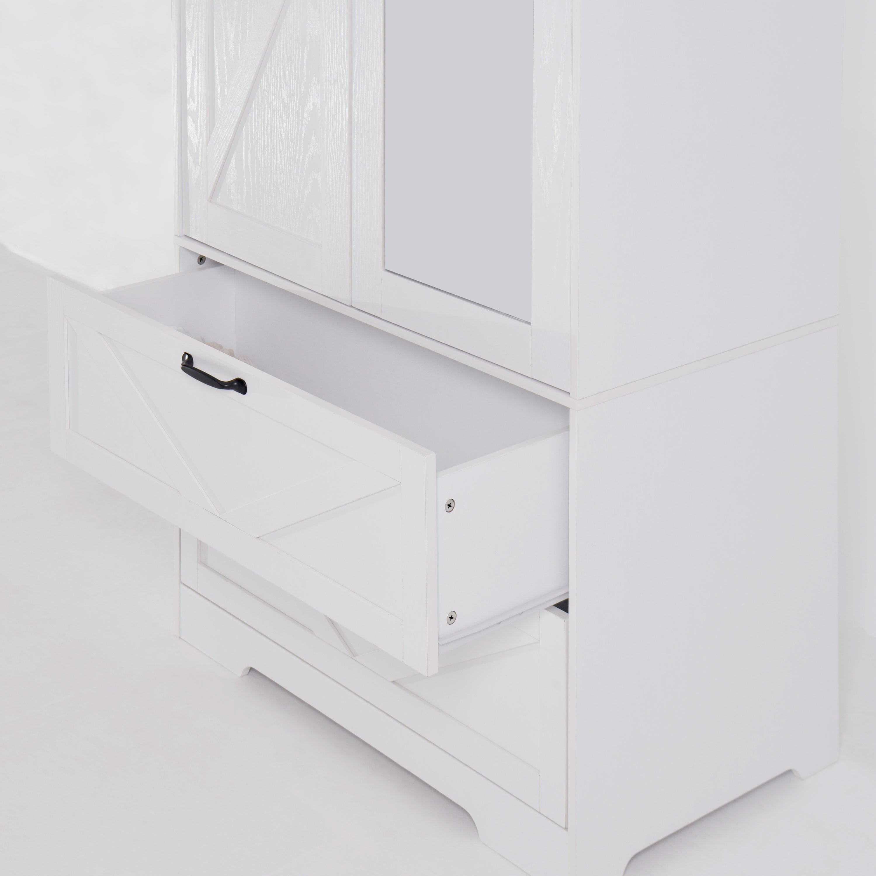 2 Door Wood Wardrobe for Bedroom with Hanging Clothing Rod inside the Cabinet and 2 Drawers for Storage Organization, Built-in induction light Multifunctional Closet with Mirror, White - Grand Goldman Shop