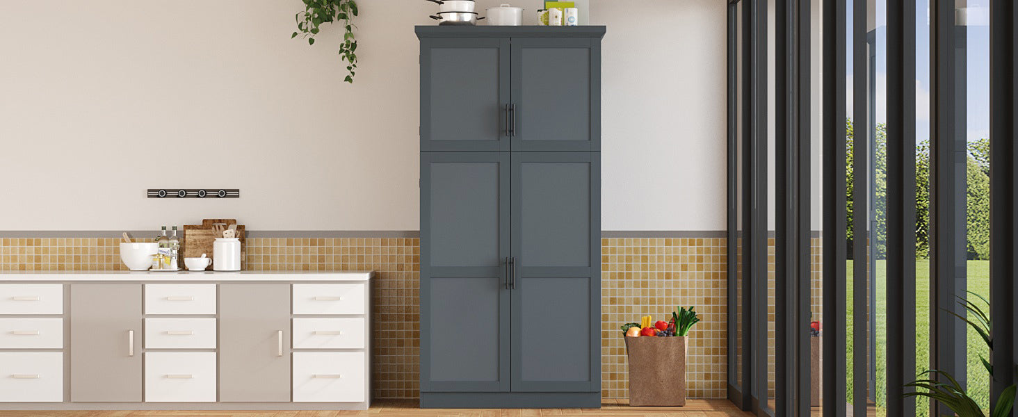 [Assembly Video Provided] TOPMAX 35.5x17.6x70.9inch Freestanding Kitchen Pantry Cabinet, Tall Storage Cabinet with 4 Doors, 2 Door Shelves, 8 Pull-out Trays and Adjustable Shelf for Dining Room, Gray - Grand Goldman Shop