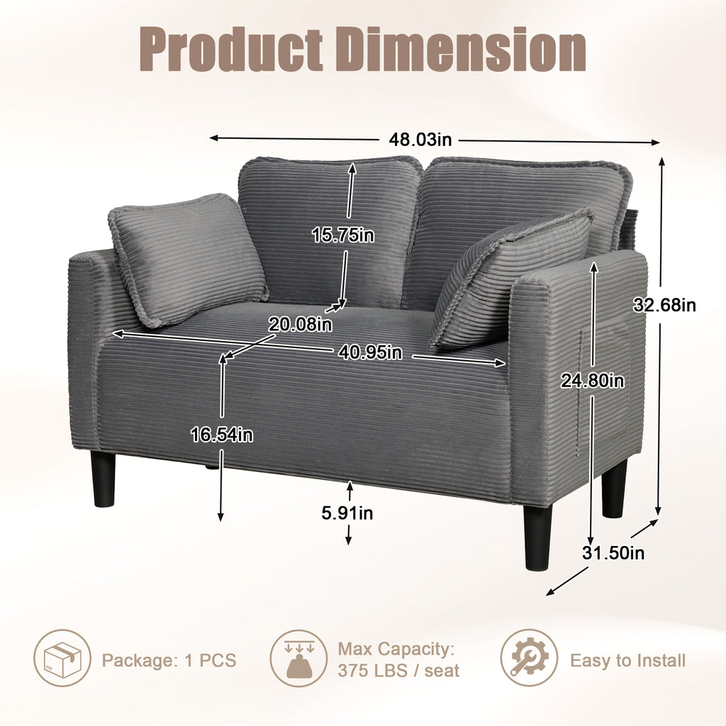 48' Soft Corduroy Loveseat Couch W/Soft Cushions,Side Storage Pocket,Sturdy Composite Board & Solid Wood Frame, High Rebound Sponge,Easy Assembly,Ideal for Living Room,Apartment,Dorm,Office. - Grand Goldman Shop