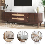Modern Farmhouse Rattan TV Stand for TVs up to 75'', Natural Wood and Brown Solid Wood Legs, MDF Cabinet with Rattan Drawers and Sliding Doors, 66.93'' L Living Room Entertainment Console - Grand Goldman Shop