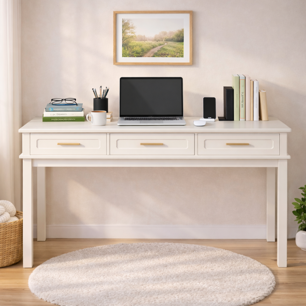 Cream White Vanity Desk with 3 Drawers, Modern Makeup Table or Writing Desk, Multipurpose Dressing Table for Bedroom, No Mirror Included - Grand Goldman Shop