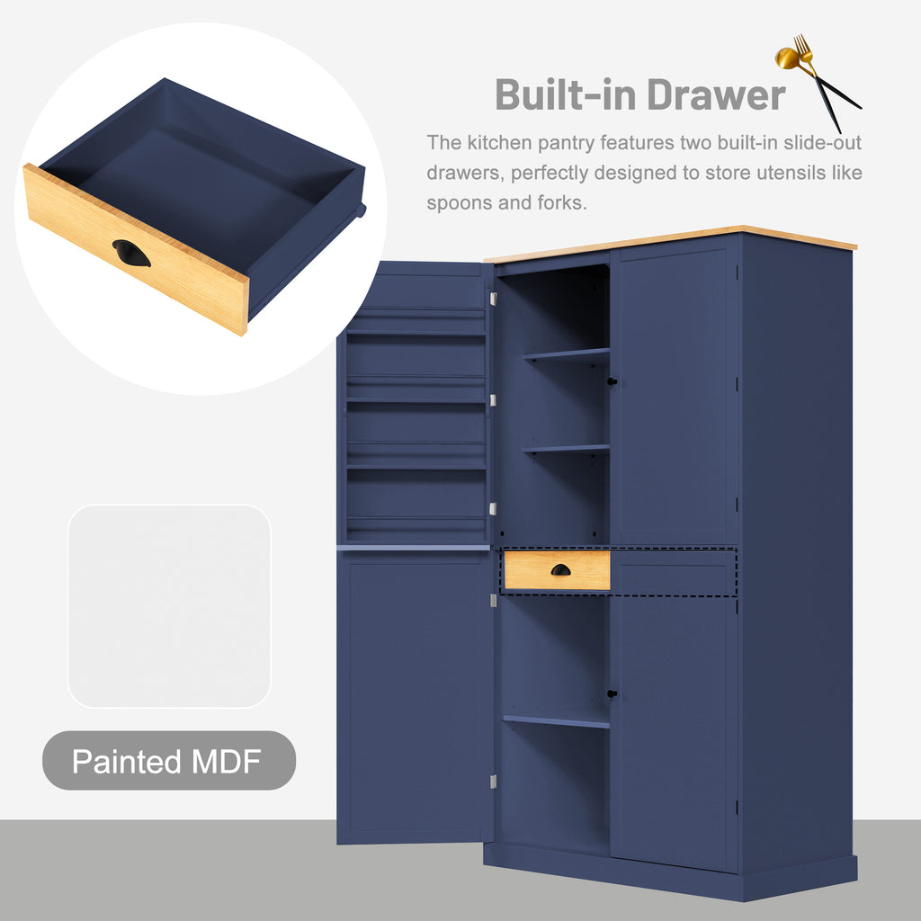 [Assembly Video Provided]TOPMAX 40.2x20x71.3inch High Freestanding Kitchen Pantry Large Cupboard Storage Cabinet with 2 Drawers, 2 Adjustable Shelves, 8 Door Shelves for Kitchen, Dining Room,Blue - Grand Goldman Shop