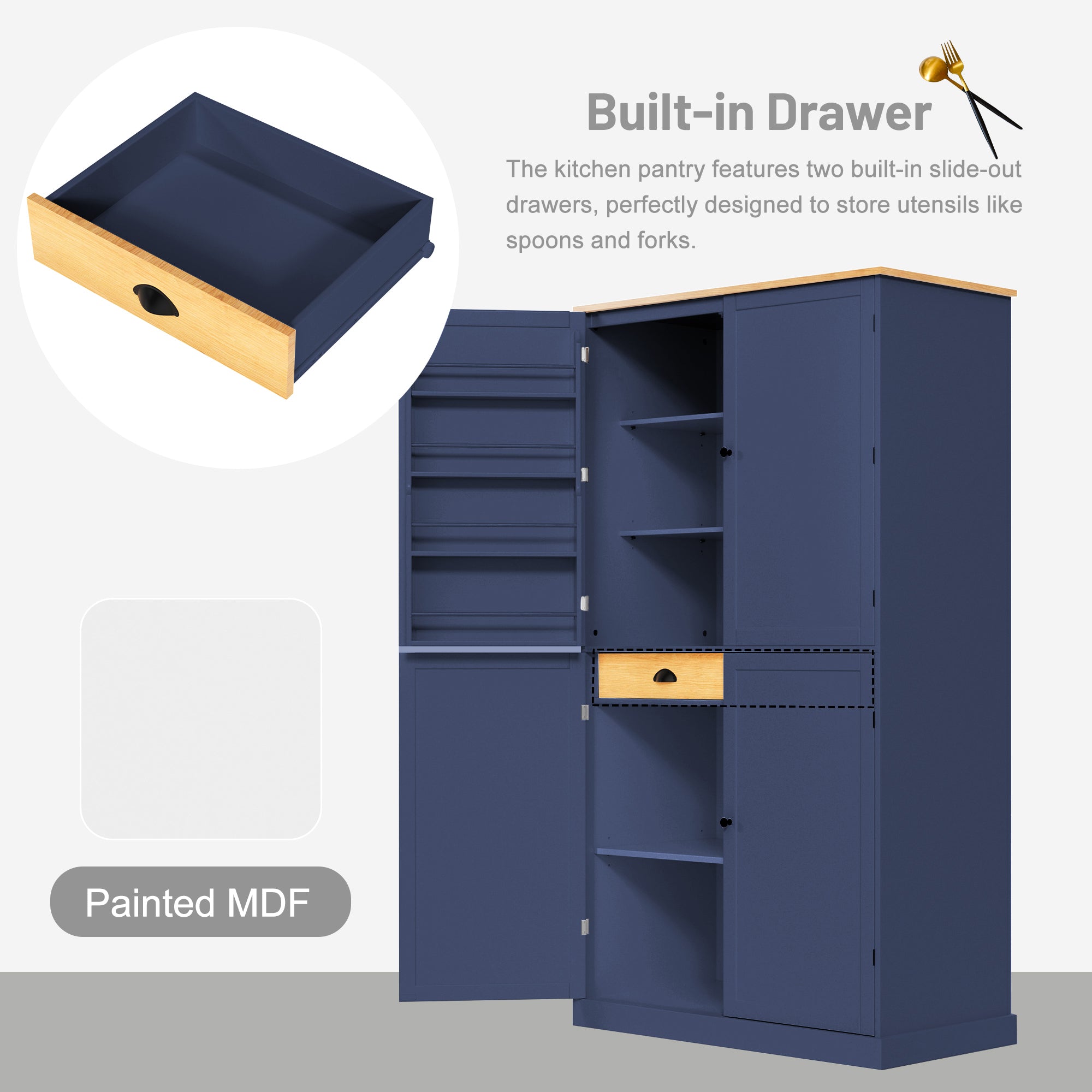 [Assembly Video Provided]TOPMAX 40.2x20x71.3inch High Freestanding Kitchen Pantry Large Cupboard Storage Cabinet with 2 Drawers, 2 Adjustable Shelves, 8 Door Shelves for Kitchen, Dining Room,Blue - Grand Goldman Shop