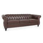 Dark Brown PU Rolled Arm Chesterfield Three Seater Sofa with Solid Wood Frame and Birch Legs - Grand Goldman Shop