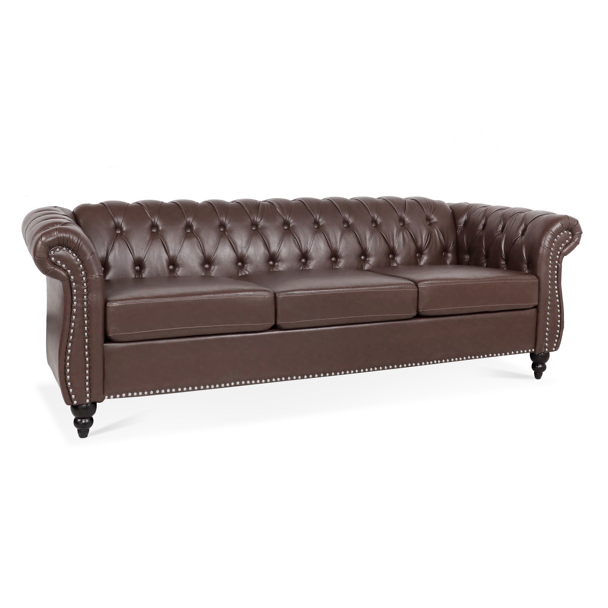 Dark Brown PU Rolled Arm Chesterfield Three Seater Sofa with Solid Wood Frame and Birch Legs - Grand Goldman Shop