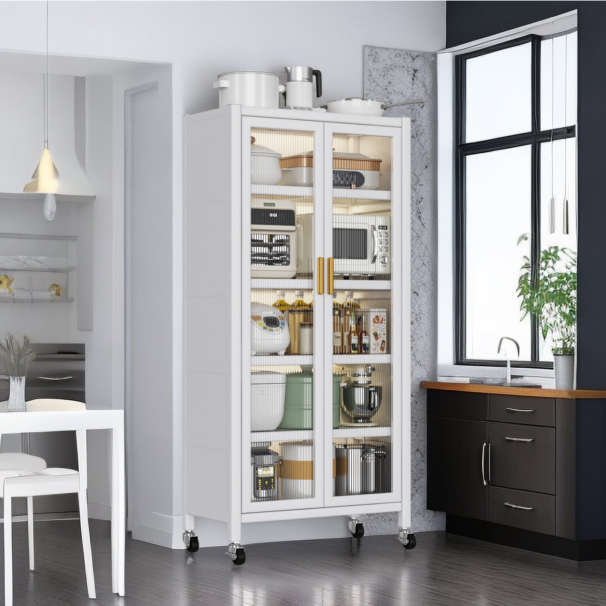 Open-door kitchen shelving Floor-to-ceiling multilevel household microwave storage cabinet bowls side cabinets cabinets Storage cabinets white color - Grand Goldman Shop
