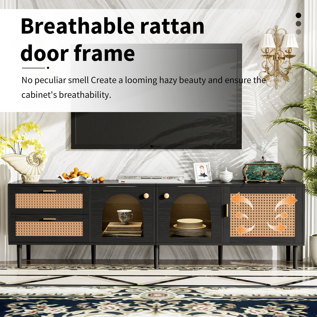Black Rattan-inspired TV Stand with 3 Cabinets & 2 Drawers, MDF and Solid Wood Media Console for TVs up to 80'', Modern Living Room Entertainment Center - Grand Goldman Shop
