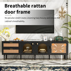 Black Rattan-inspired TV Stand with 3 Cabinets & 2 Drawers, MDF and Solid Wood Media Console for TVs up to 80'', Modern Living Room Entertainment Center - Grand Goldman Shop