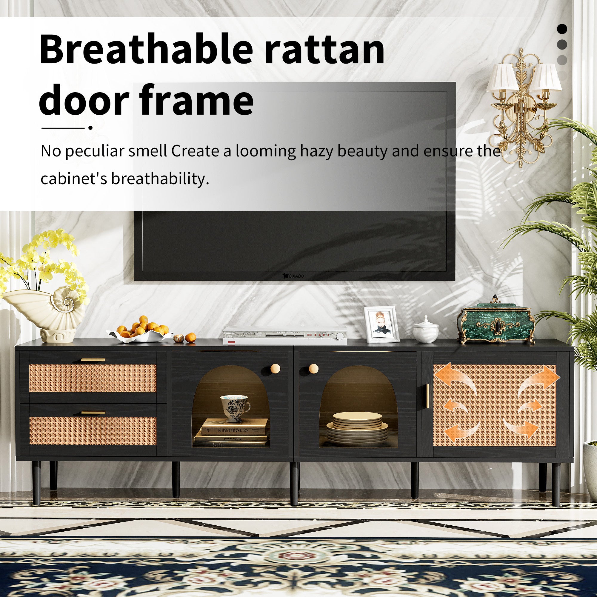 Black Rattan-inspired TV Stand with 3 Cabinets & 2 Drawers, MDF and Solid Wood Media Console for TVs up to 80'', Modern Living Room Entertainment Center - Grand Goldman Shop