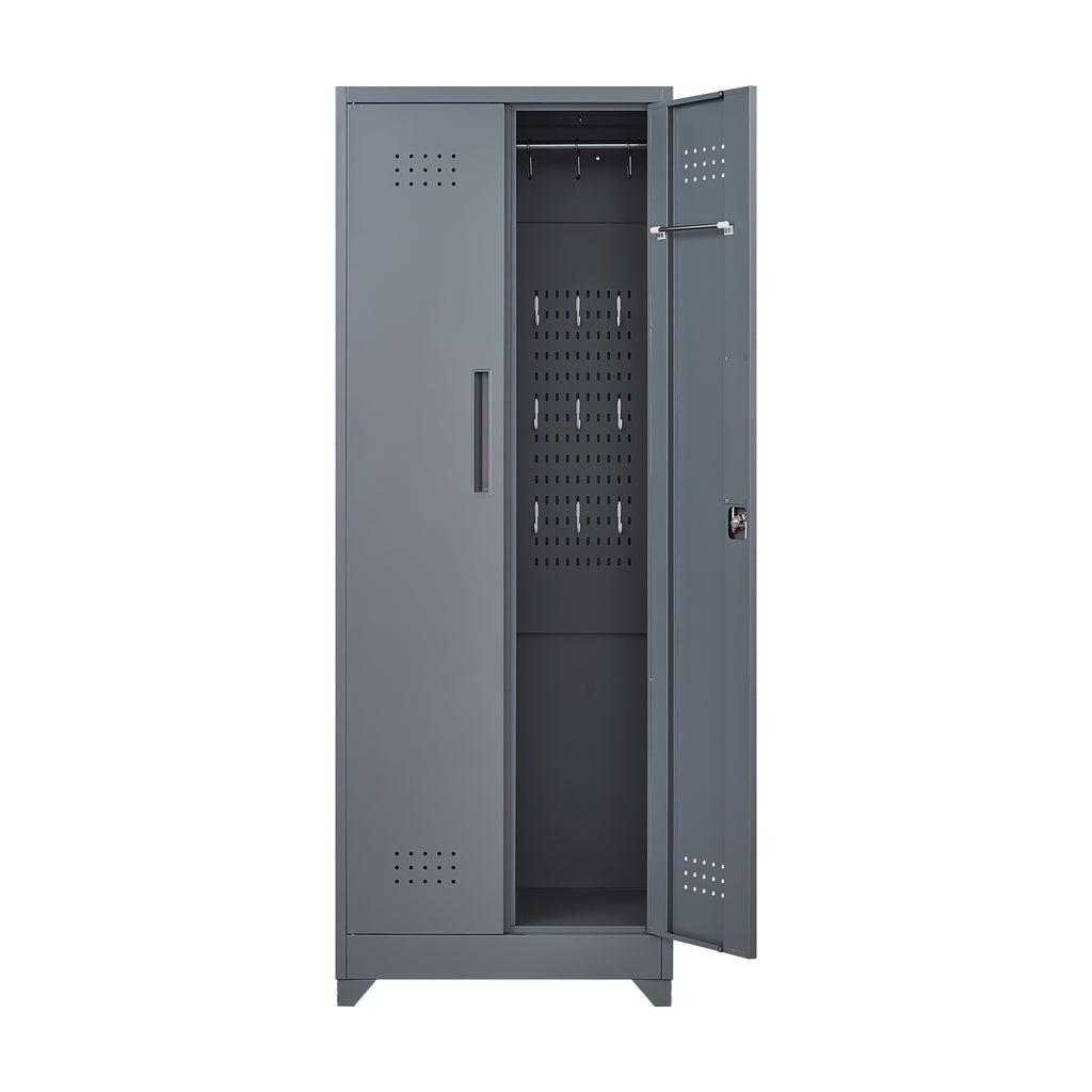 Grey Heavy Duty Metal Storage Cabinet with Locking Doors, Hanging Rod & Shelves, 65' H Broom Closet for Garage or Basement - 