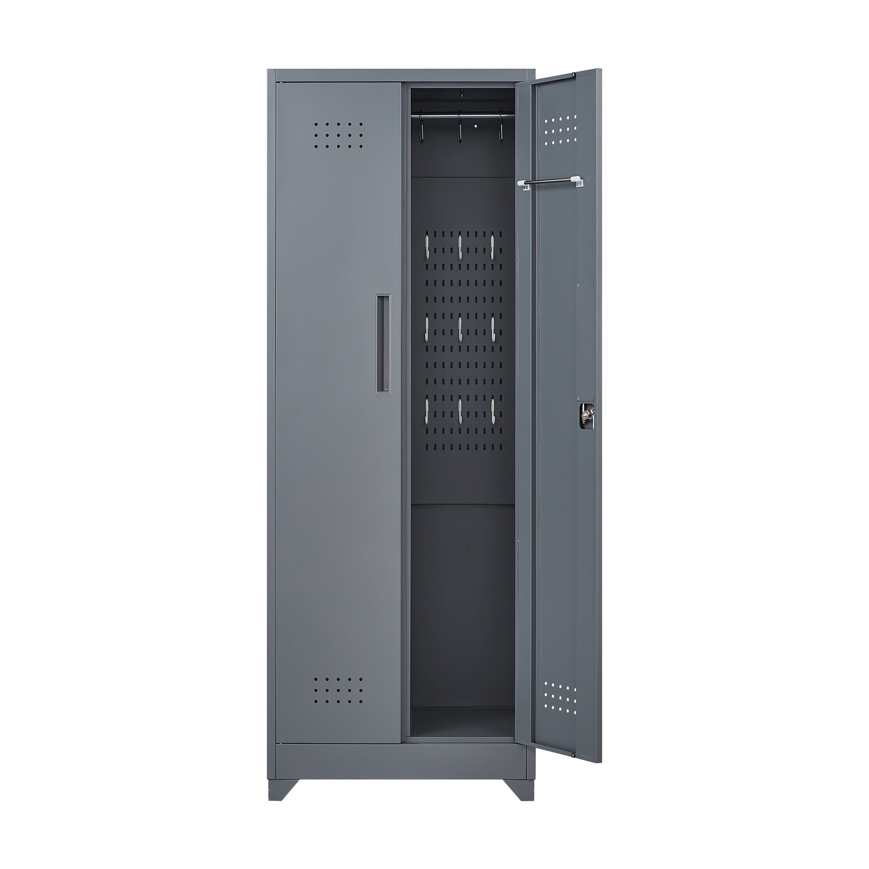 Grey Heavy Duty Metal Storage Cabinet with Locking Doors, Hanging Rod & Shelves, 65' H Broom Closet for Garage or Basement - 