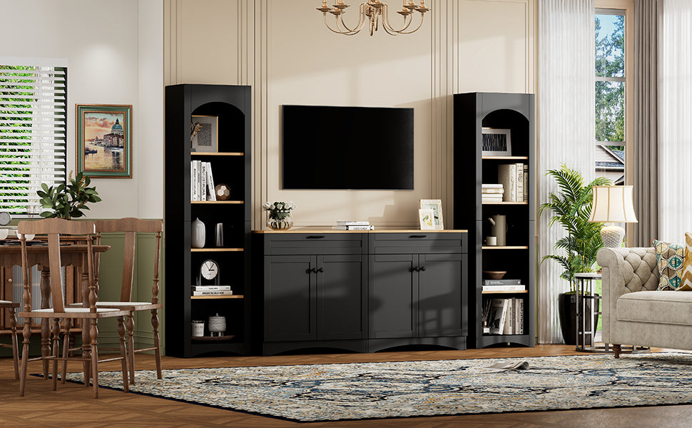 ON-TREND 3-Piece Farmhouse Entertainment Center with Storage Cabinet for TVs Up to 70', Mid-Century TV Stand with Bookshelf, Rustic Versatile Sideboard with Adjustable Shelves for Living Room, Black - Grand Goldman Shop